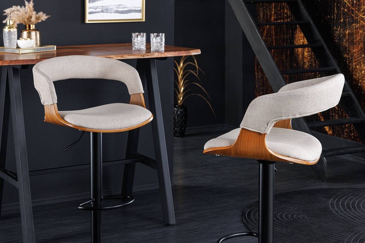 Tabouret de bar rétro MANHATTAN beige tissu structuré bois de frêne pivotant réglable en hauteur (réf. 44198)