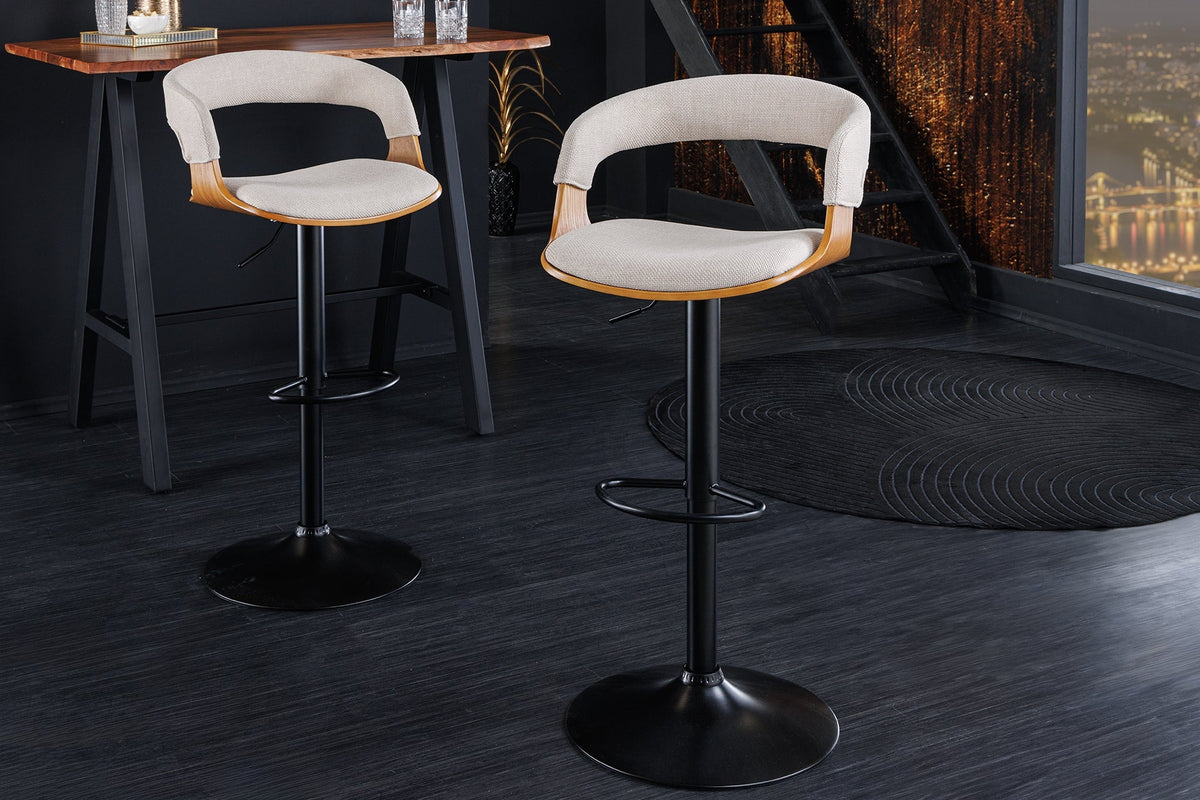 Tabouret de bar rétro MANHATTAN beige tissu structuré bois de frêne pivotant réglable en hauteur (réf. 44198)
