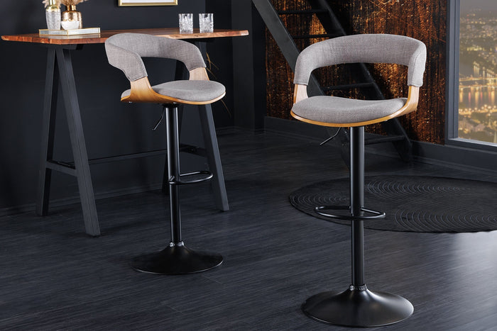 Tabouret de bar rétro MANHATTAN gris tissu structure bois de frêne pivotant réglable en hauteur