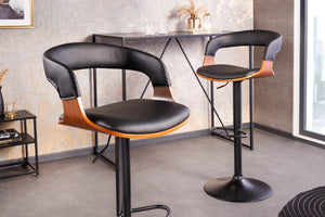 Tabouret de bar rétro MANHATTAN noir, similicuir, bois de noyer, rotatif, hauteur réglable