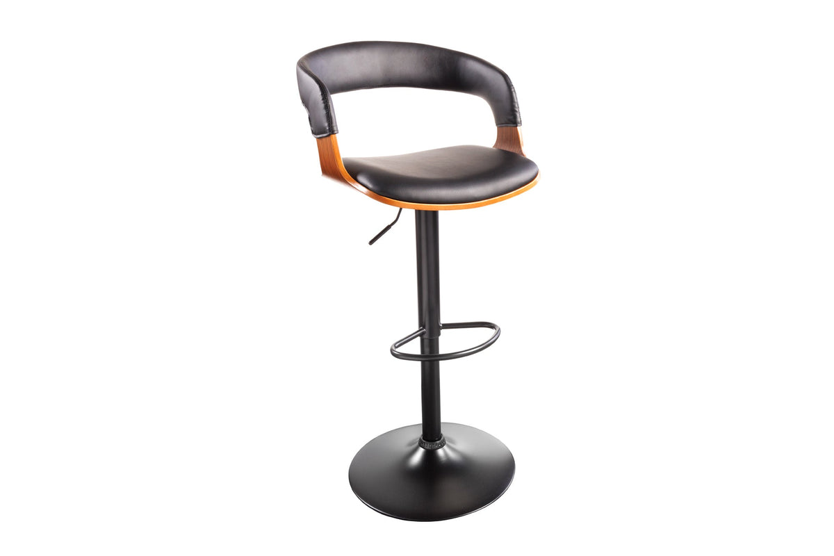 Tabouret de bar rétro MANHATTAN noir, similicuir, bois de noyer, rotatif, hauteur réglable