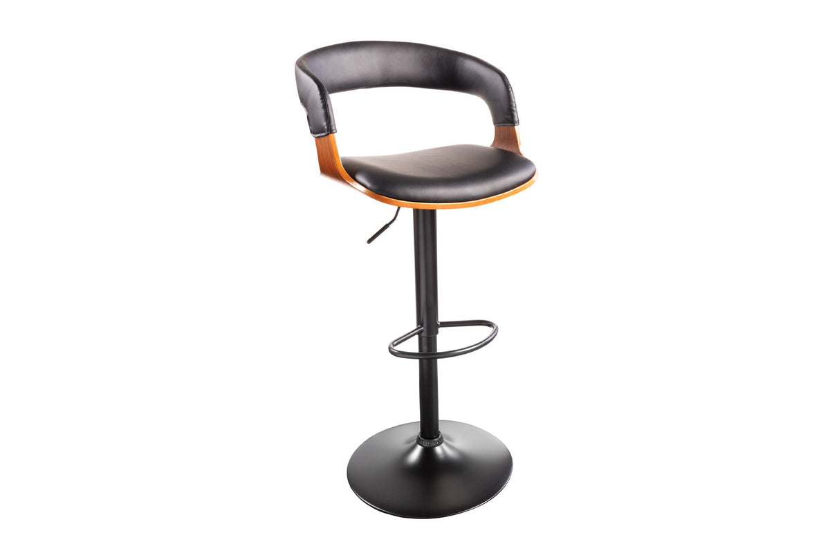 Tabouret de bar rétro MANHATTAN noir, similicuir, bois de noyer, rotatif, hauteur réglable