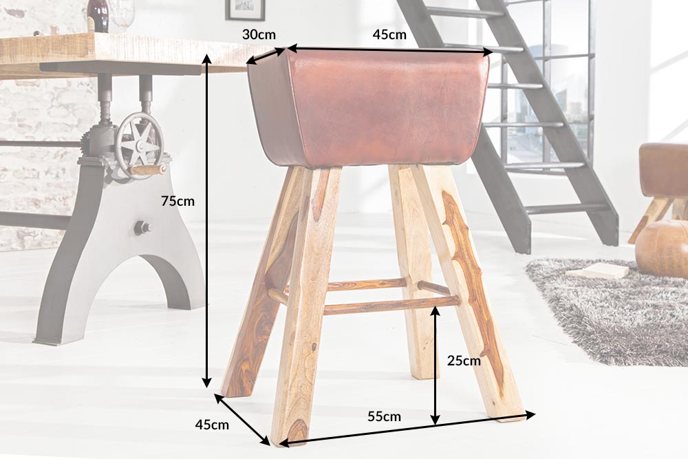 Tabouret de bar rétro TURNBOCK 75cm avec revêtement en cuir véritable chaise de bar en bois de manguier