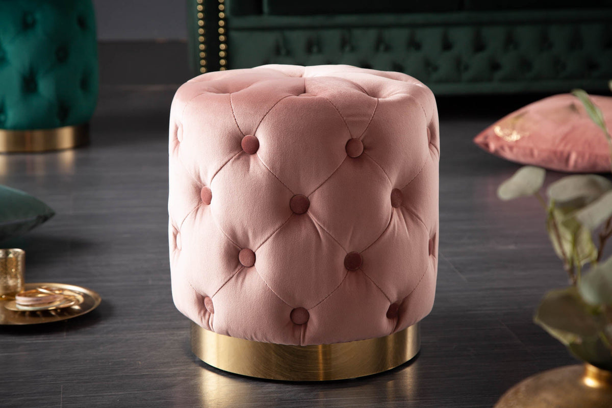Tabouret élégant MODERN BAROCK 40cm rose ancien or velours design Chesterfield