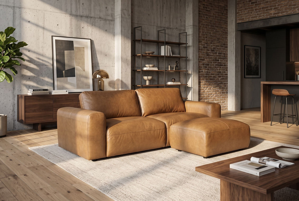 Tabouret en cuir véritable BIG GEORGE 95cm cognac suspension Nosag ressorts ensachés