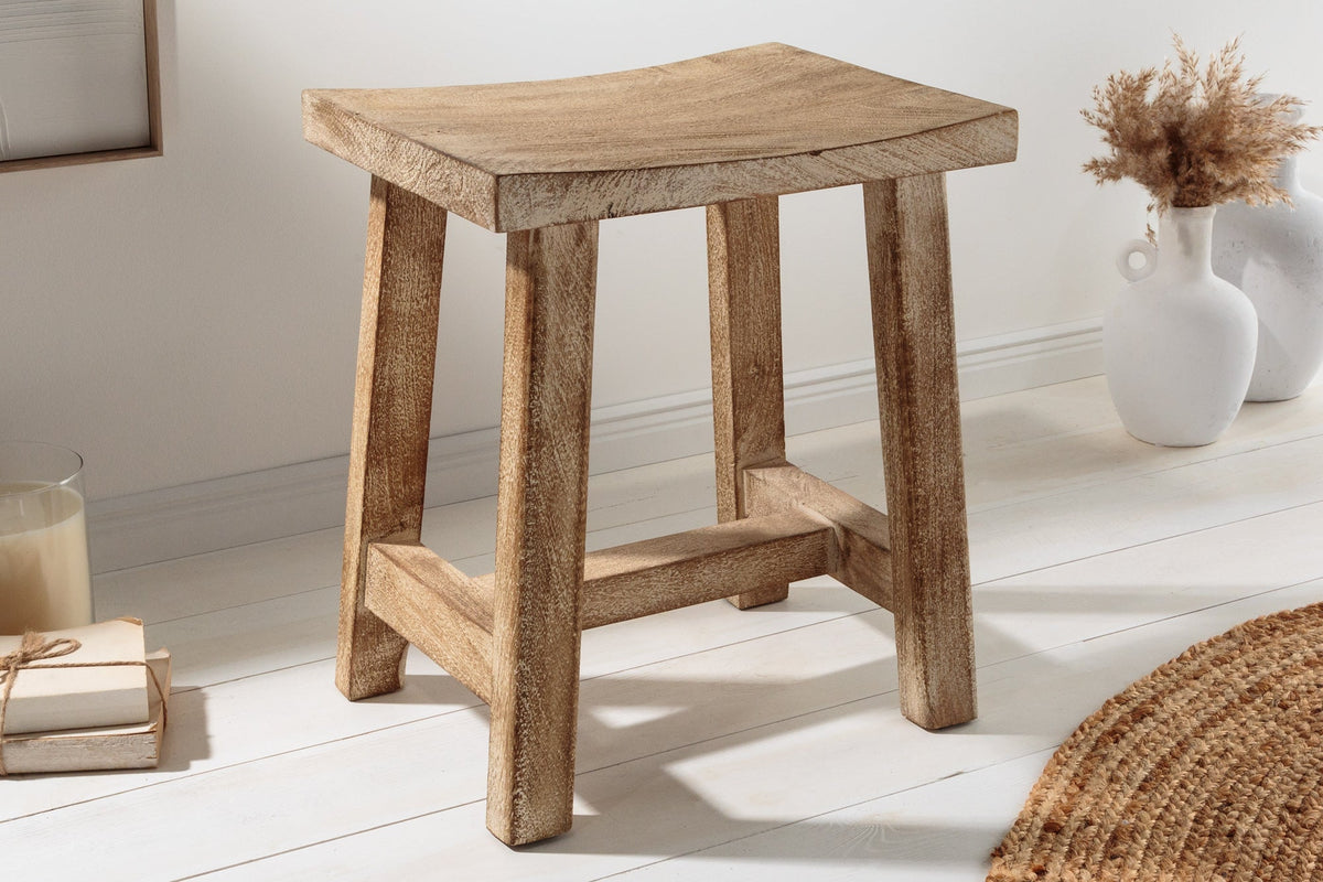 Tabouret massif FINCA 45cm beige bois de mangue fait main Boho Shabby Chic