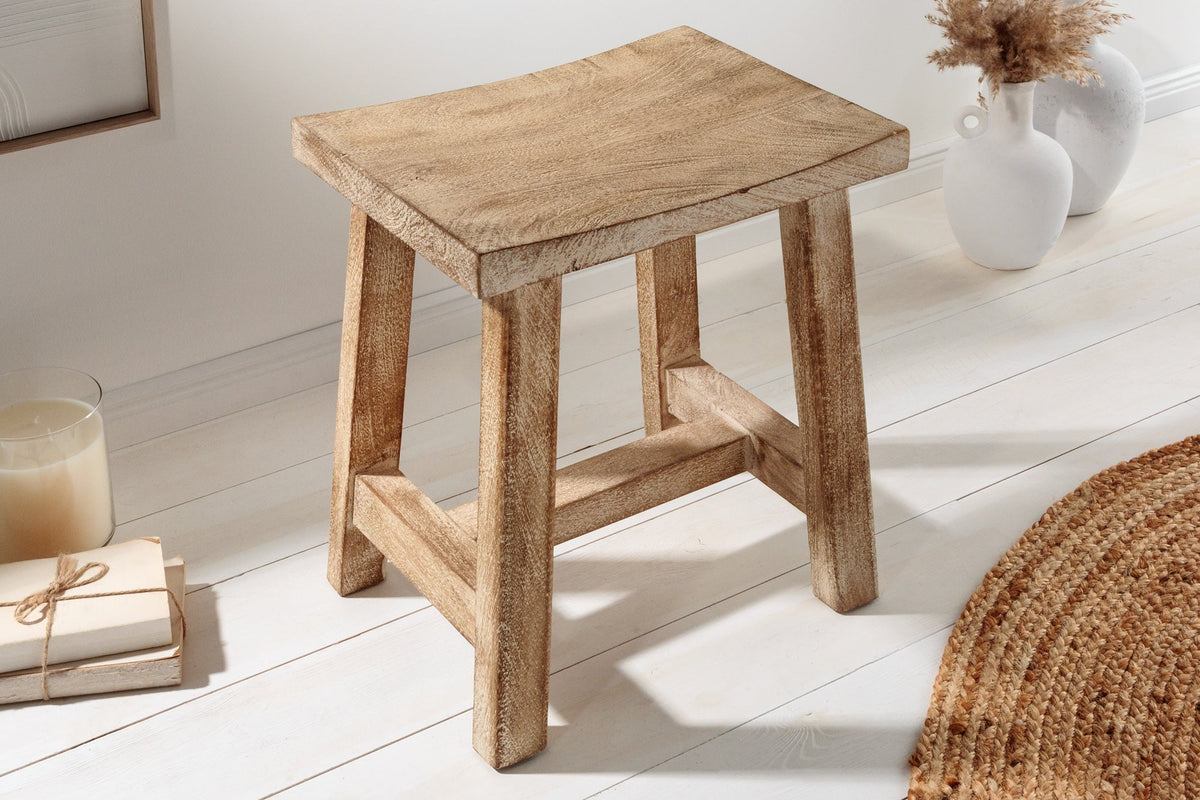 Tabouret massif FINCA 45cm beige bois de mangue fait main Boho Shabby Chic