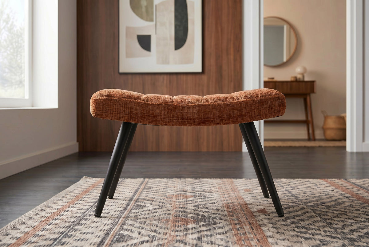 Tabouret moderne SCANDINAVIA chenille marron rouille Cremona pieds en métal repose-pieds