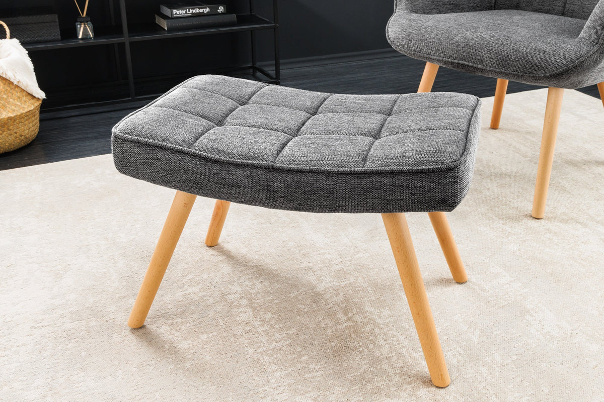 Tabouret moderne SCANDINAVIA gris tissu structuré pieds en bois massif repose-pieds