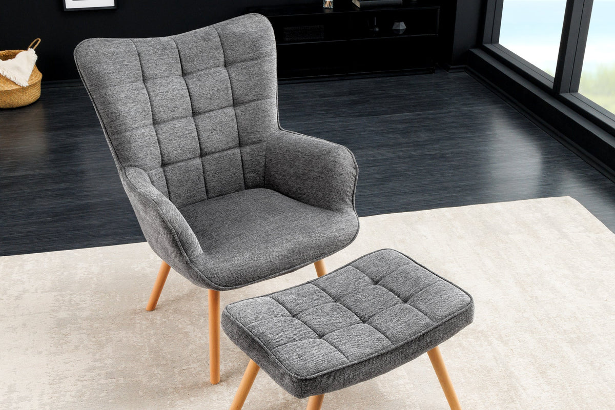 Tabouret moderne SCANDINAVIA gris tissu structuré pieds en bois massif repose-pieds