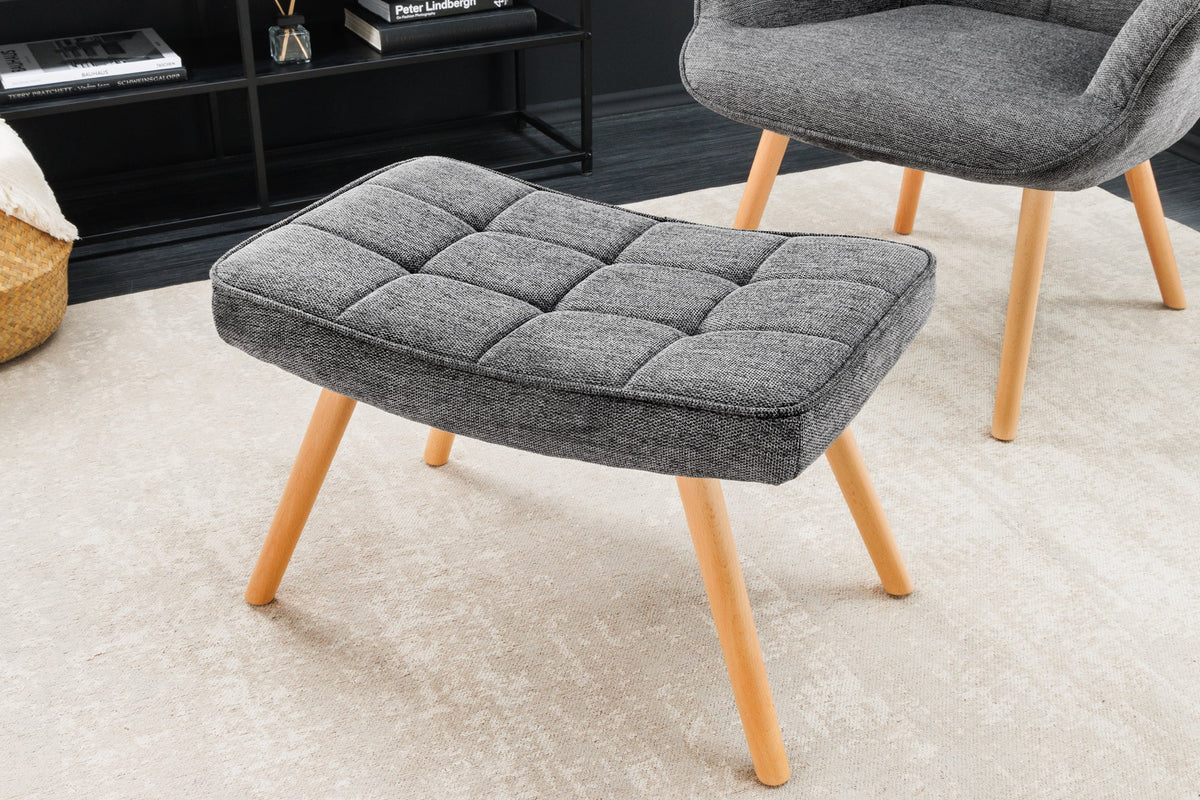 Tabouret moderne SCANDINAVIA gris tissu structuré pieds en bois massif repose-pieds