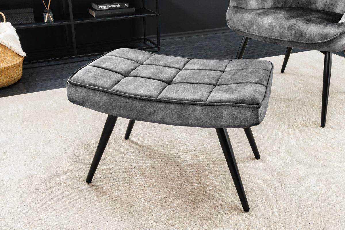 Tabouret moderne SCANDINAVIA gris velours pieds métalliques noirs repose-pieds