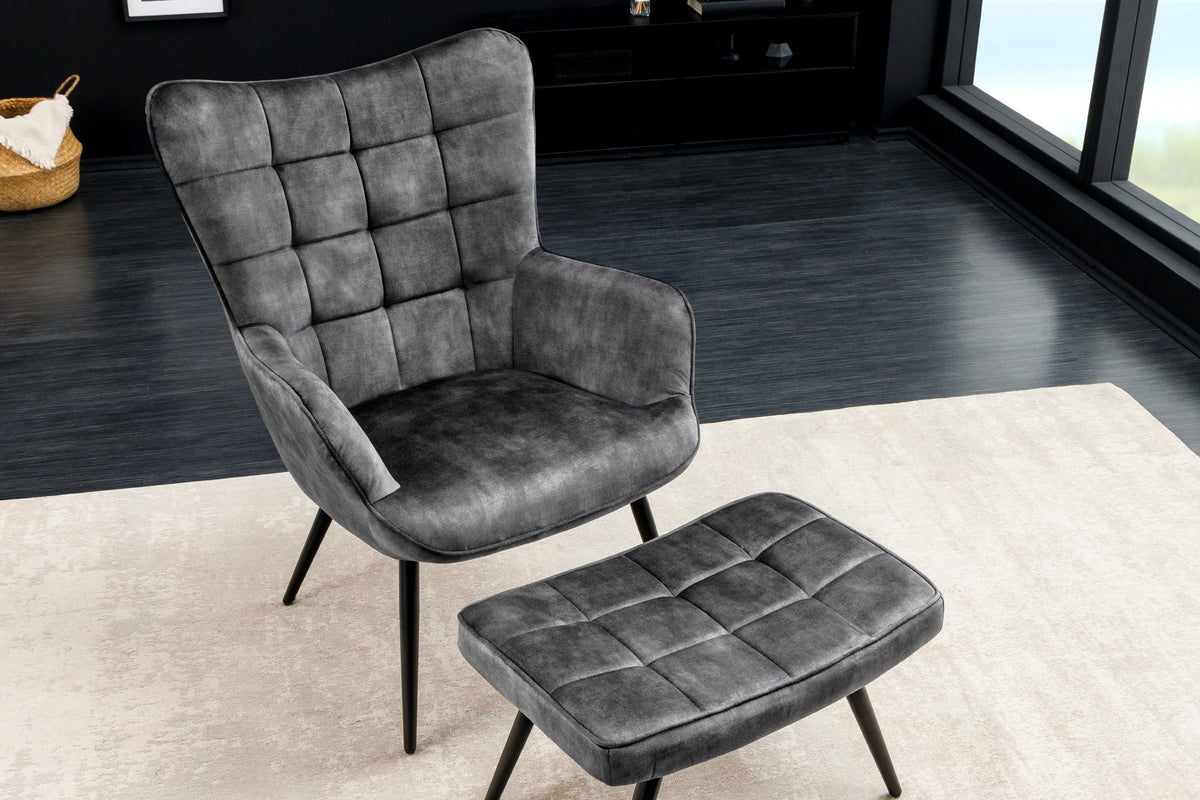 Tabouret moderne SCANDINAVIA gris velours pieds métalliques noirs repose-pieds