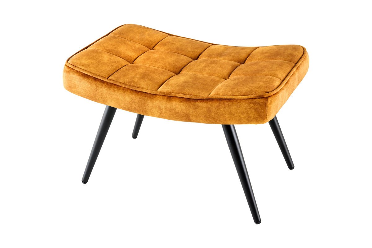 Tabouret moderne SCANDINAVIA jaune moutarde velours pieds métalliques noirs repose-pieds