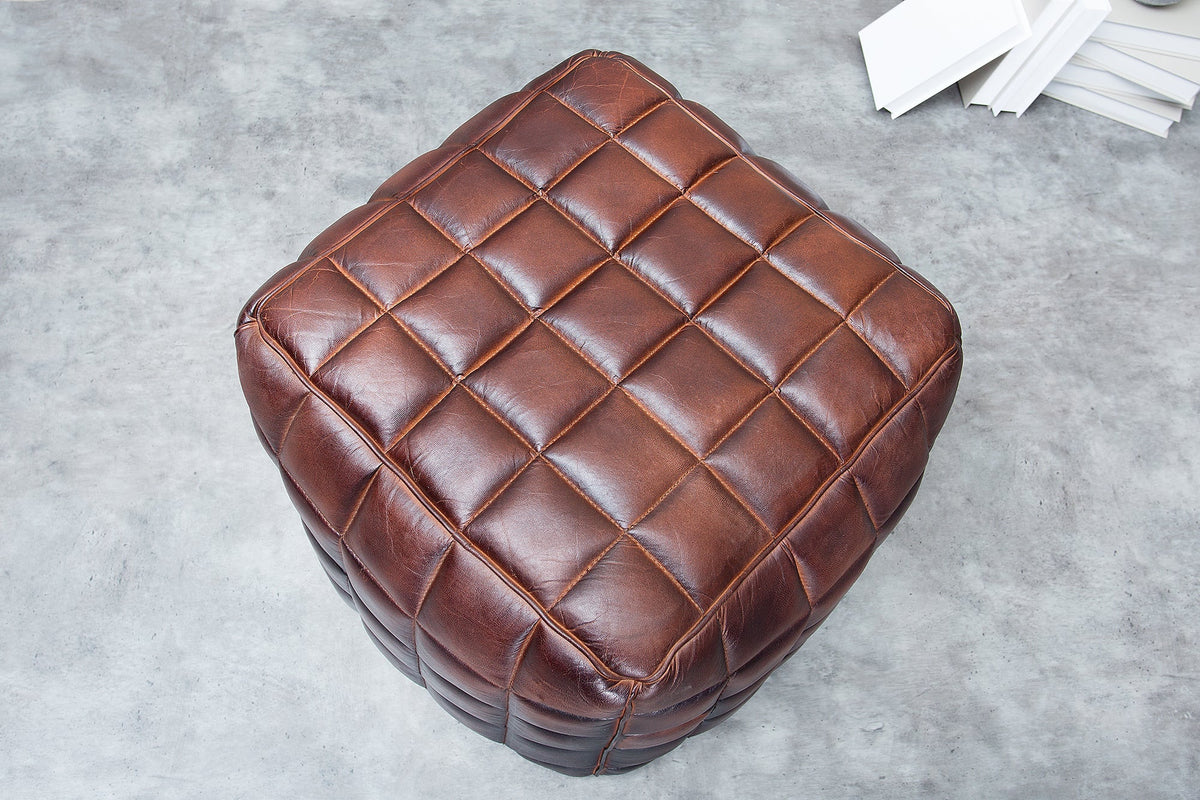 Tabouret rétro RIDER 40cm brun cuir véritable avec surpiqûre décorative