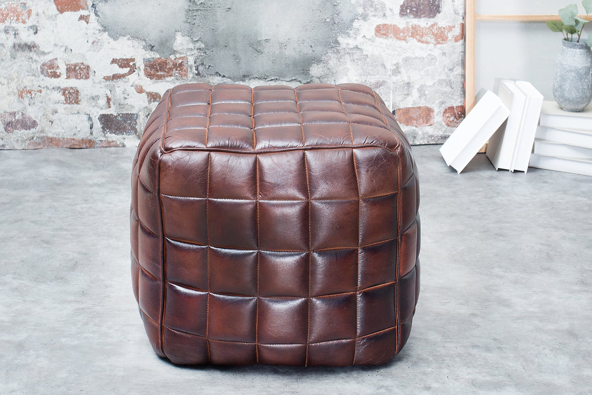 Tabouret rétro RIDER 40cm brun cuir véritable avec surpiqûre décorative