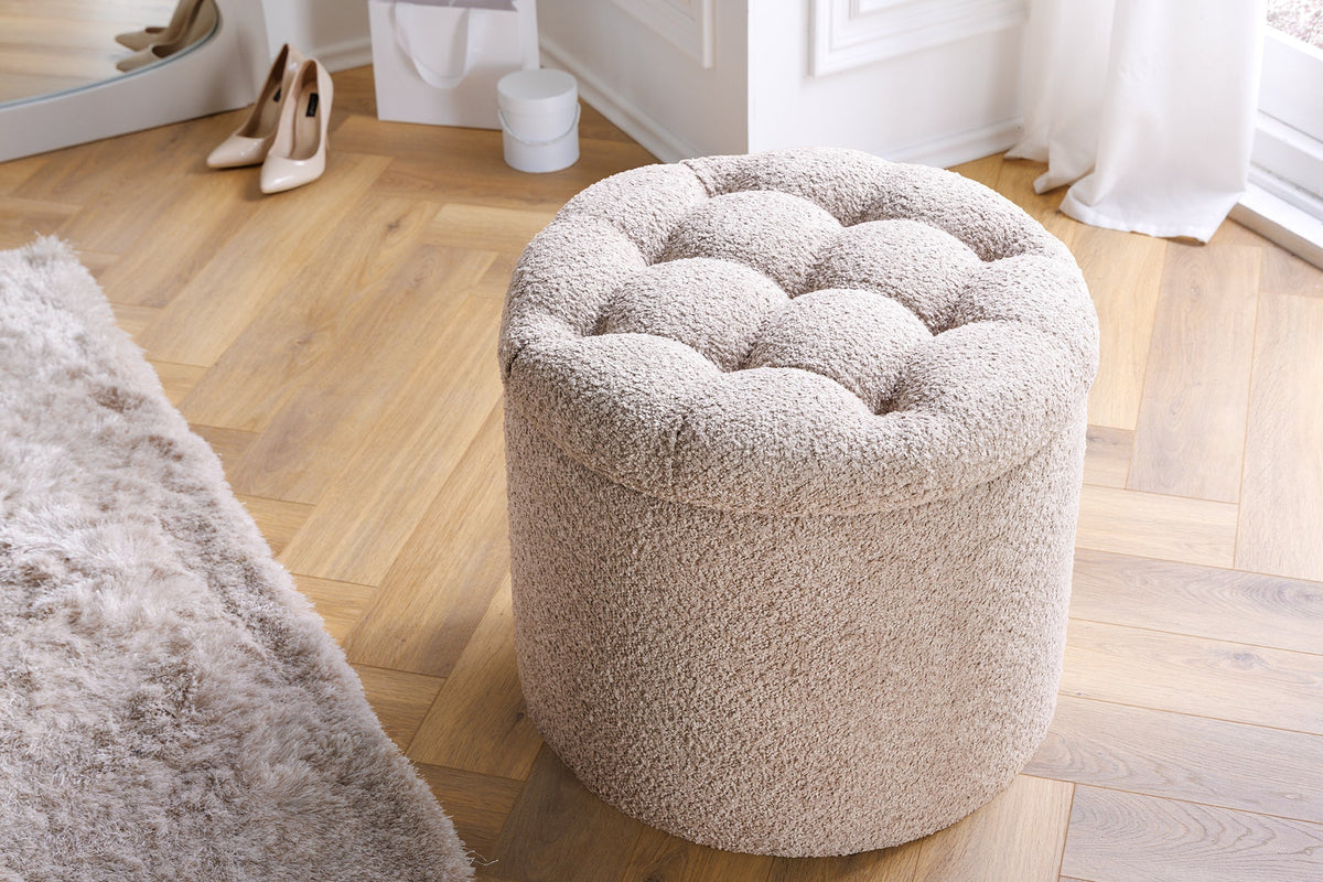 Tabouret rond MODERN BAROCK 50cm champagne Bouclé avec rangement