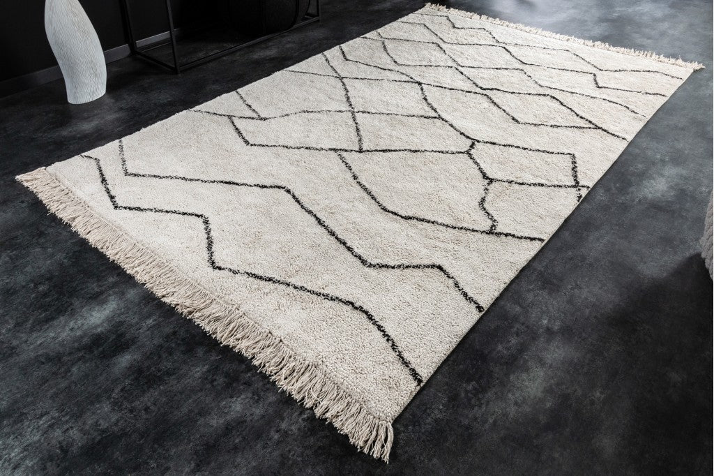 Tapis design à poils longs EUPHORIA 230x160cm beige coton à motifs linéaires