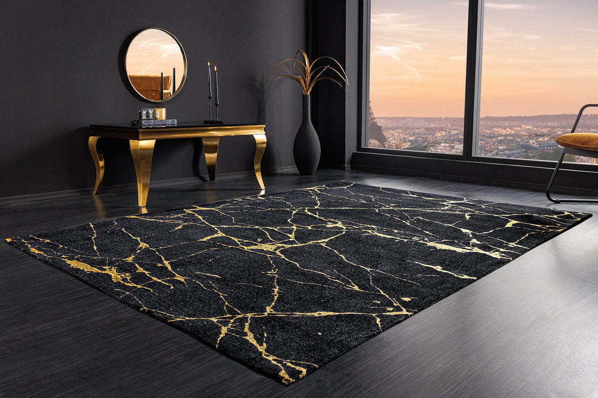 Tapis design MARBLE 240x160cm aspect marbre noir doré tissage plat