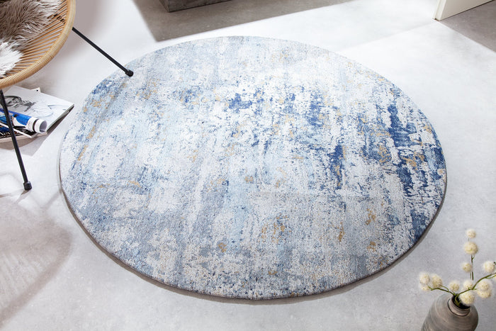 Tapis vintage MODERN ART 150cm bleu lavé rond look usé