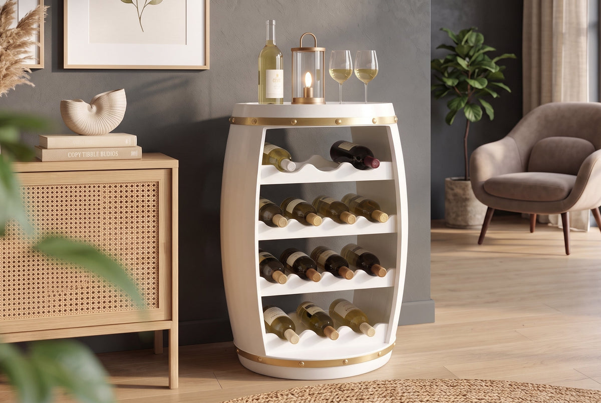 Tonneau à vin design BODEGA WHITE 65cm casier à bouteilles en pin doré blanc 14 bouteilles