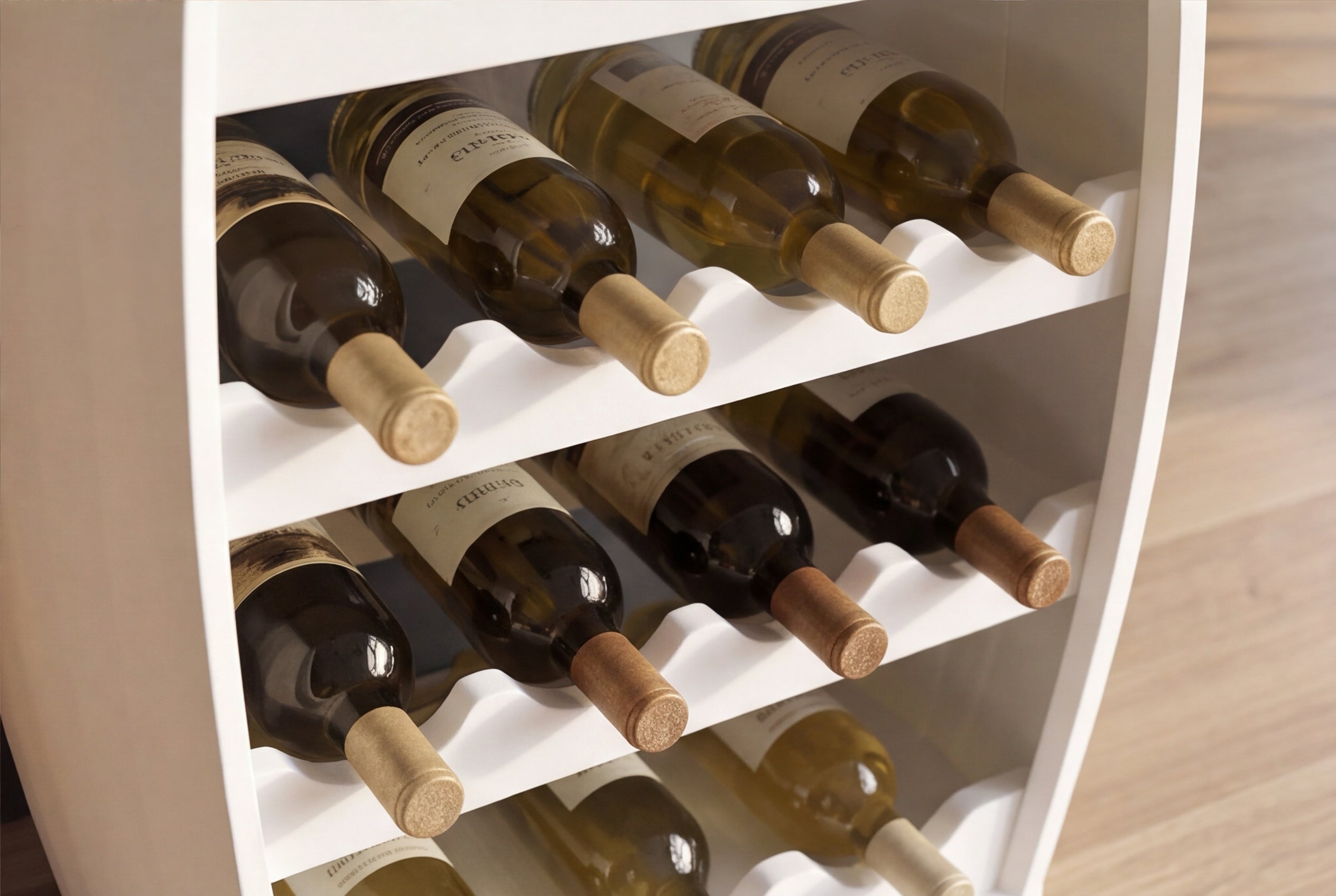 Tonneau à vin design BODEGA WHITE 65cm casier à bouteilles en pin doré blanc 14 bouteilles