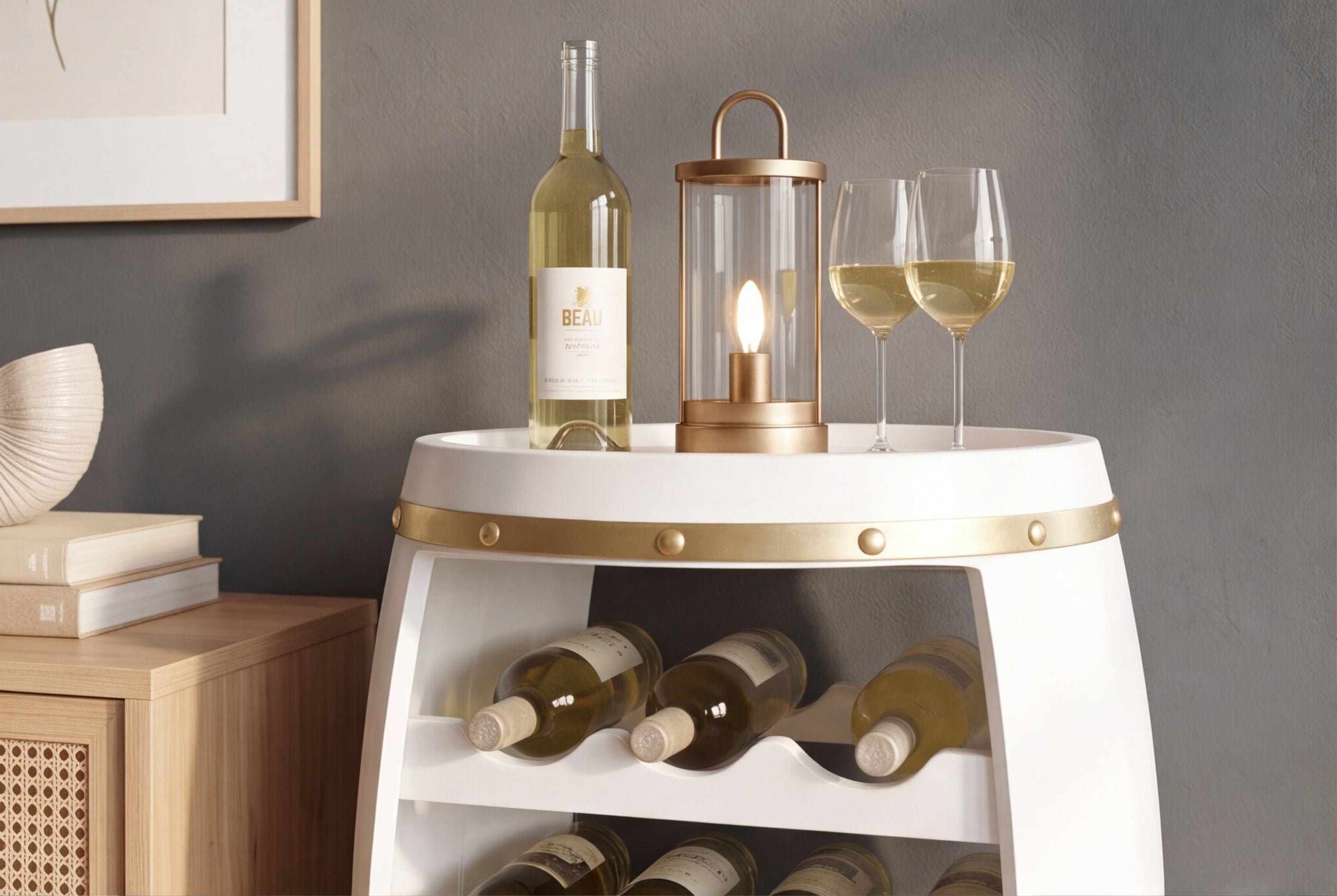 Tonneau à vin design BODEGA WHITE 65cm casier à bouteilles en pin doré blanc 14 bouteilles