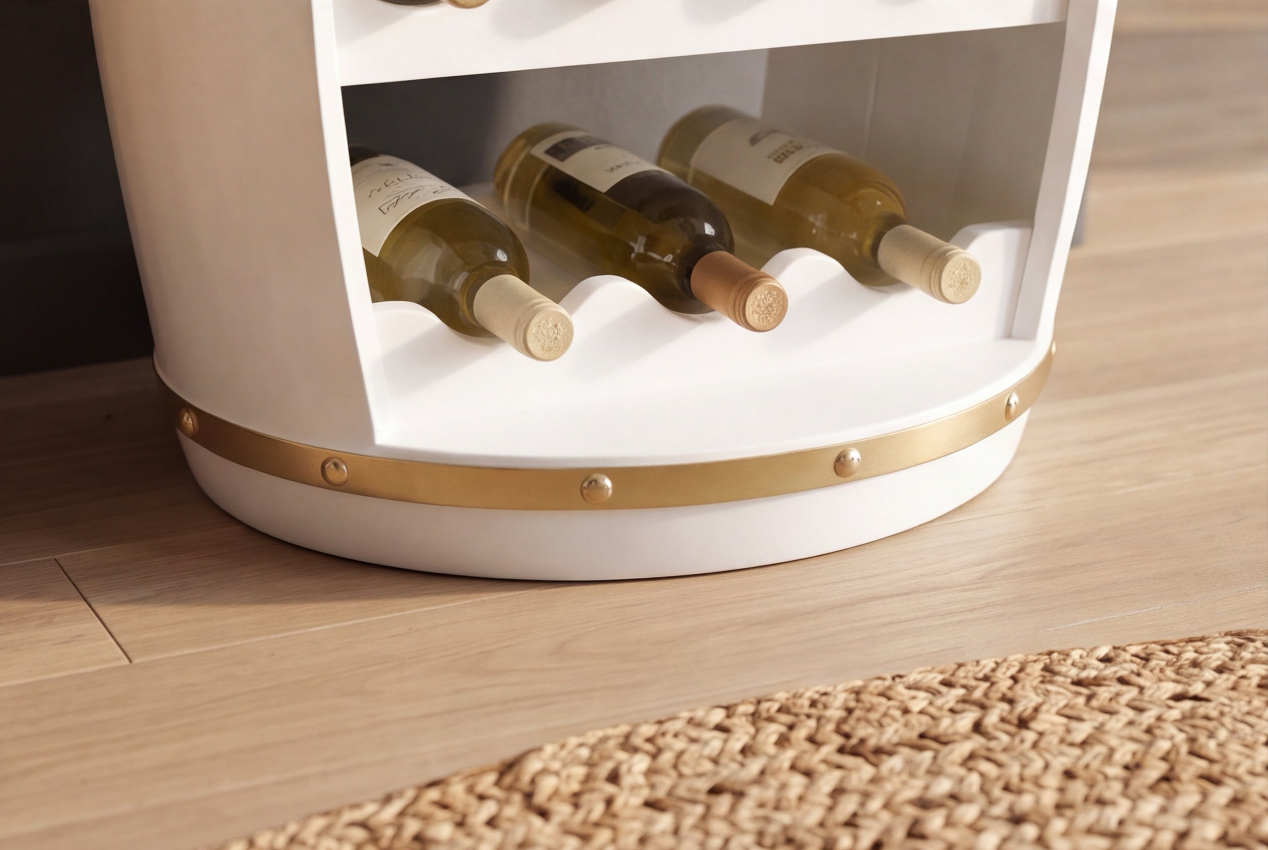 Tonneau à vin design BODEGA WHITE 65cm casier à bouteilles en pin doré blanc 14 bouteilles