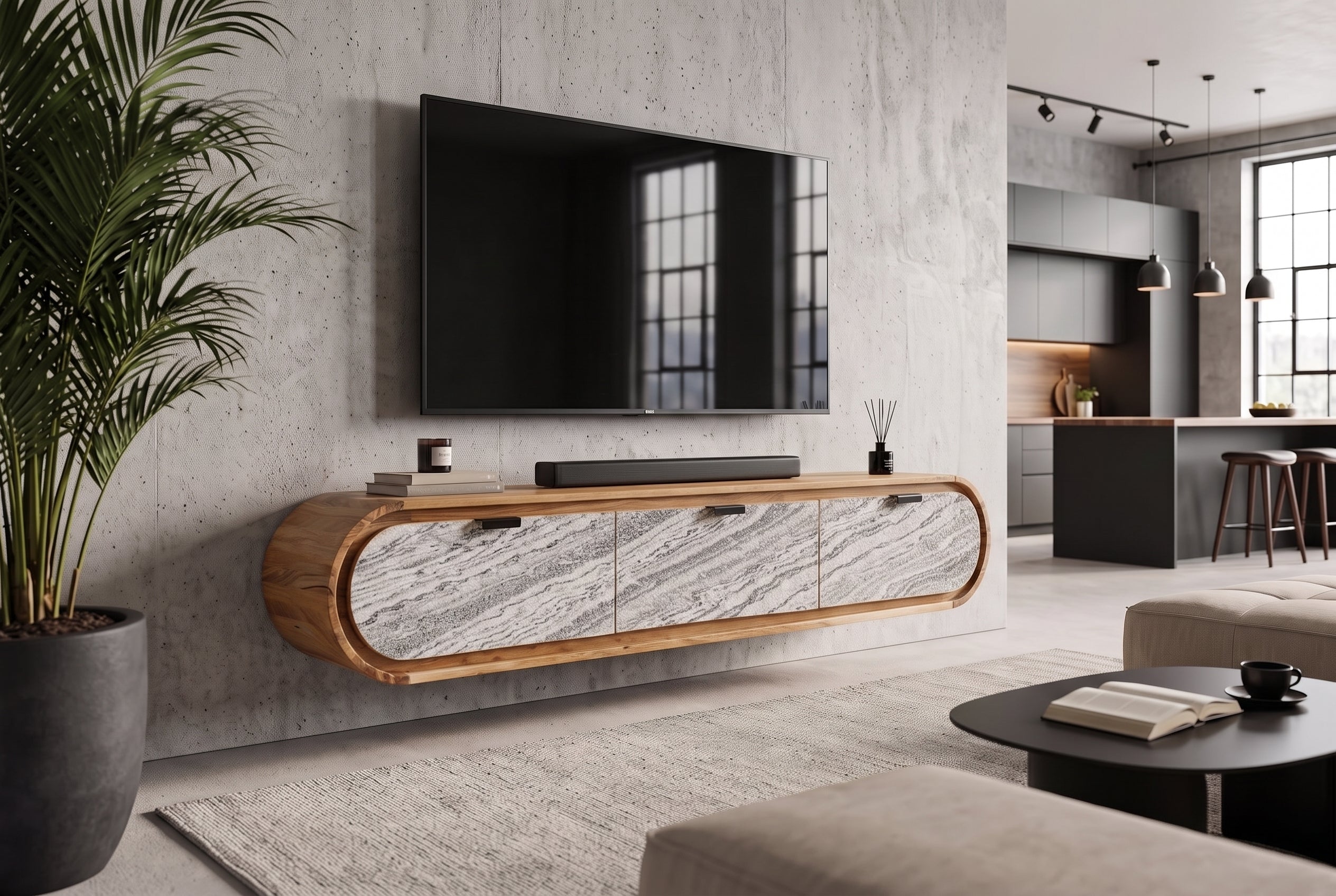 TV-Board ORGANIC 160cm suspendu en acacia naturel noir blanc revêtement pierre tiroirs