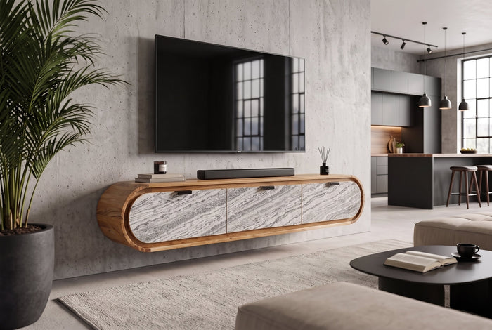 TV-Board ORGANIC 160cm suspendu en acacia naturel noir blanc revêtement pierre tiroirs