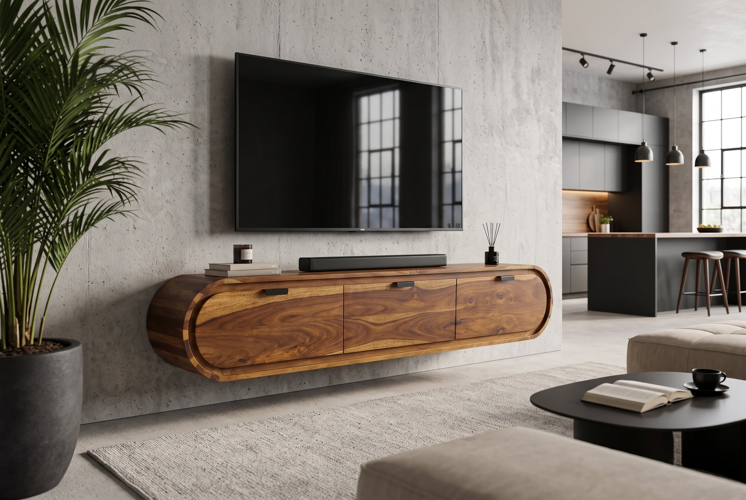 TV-Board ORGANIC 160cm suspendu marron finition pierre Sheesham massif avec tiroirs