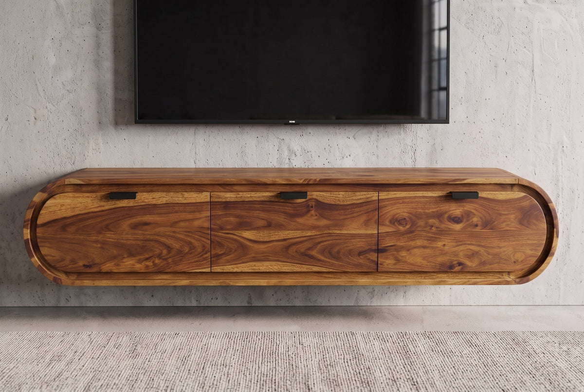 TV-Board ORGANIC 160cm suspendu marron finition pierre Sheesham massif avec tiroirs