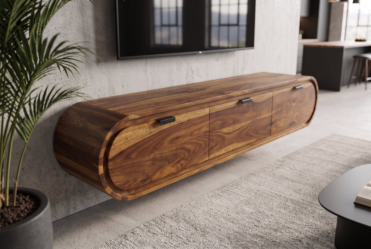 TV-Board ORGANIC 160cm suspendu marron finition pierre Sheesham massif avec tiroirs