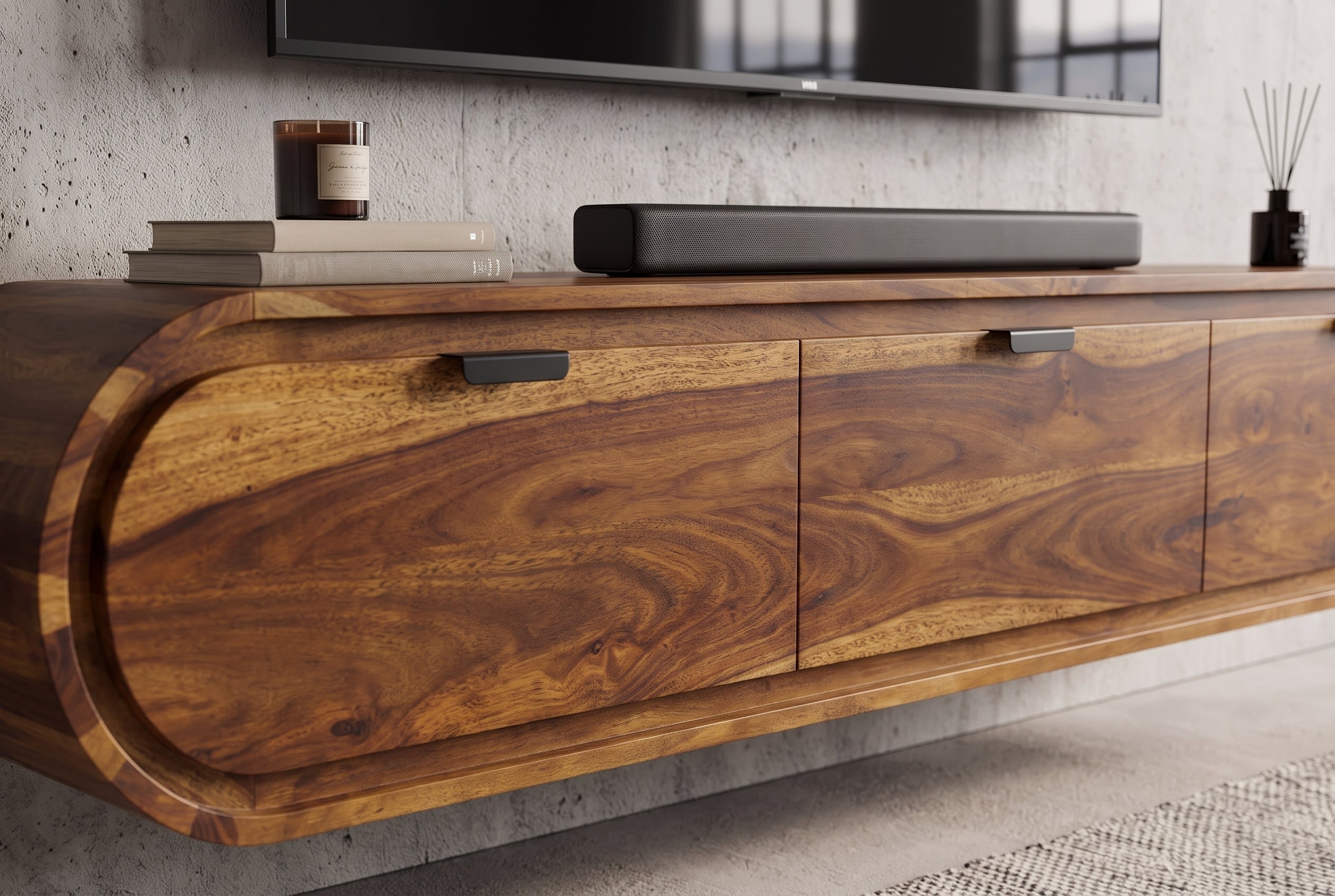 TV-Board ORGANIC 160cm suspendu marron finition pierre Sheesham massif avec tiroirs
