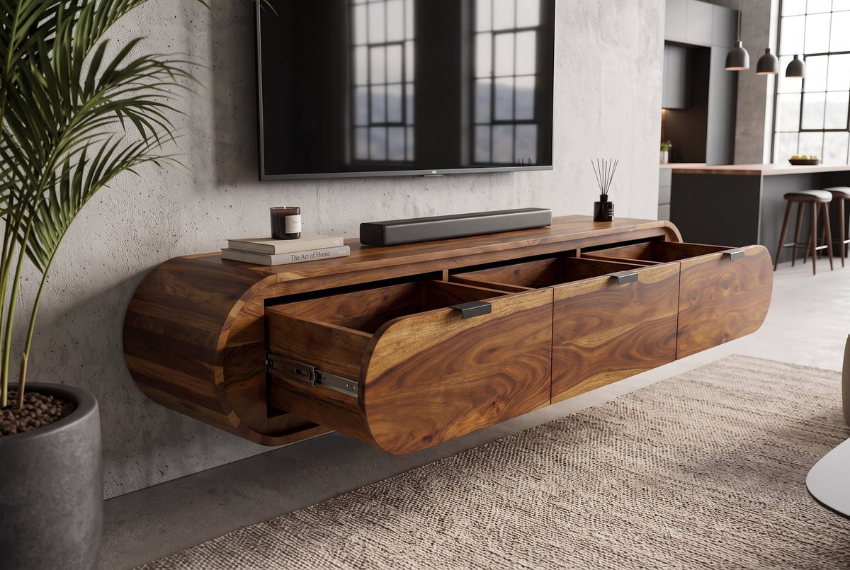TV-Board ORGANIC 160cm suspendu marron finition pierre Sheesham massif avec tiroirs