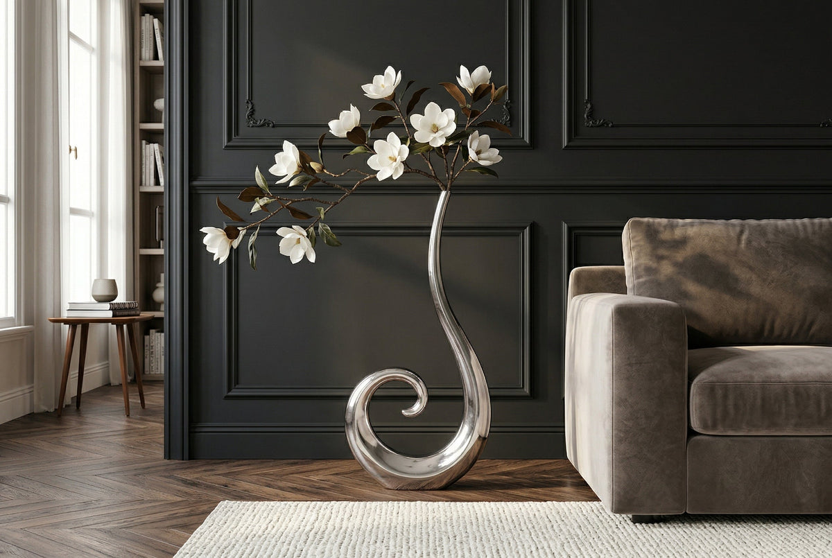 Vase moderne WAVE XL 106cm aluminium argenté décoration polie
