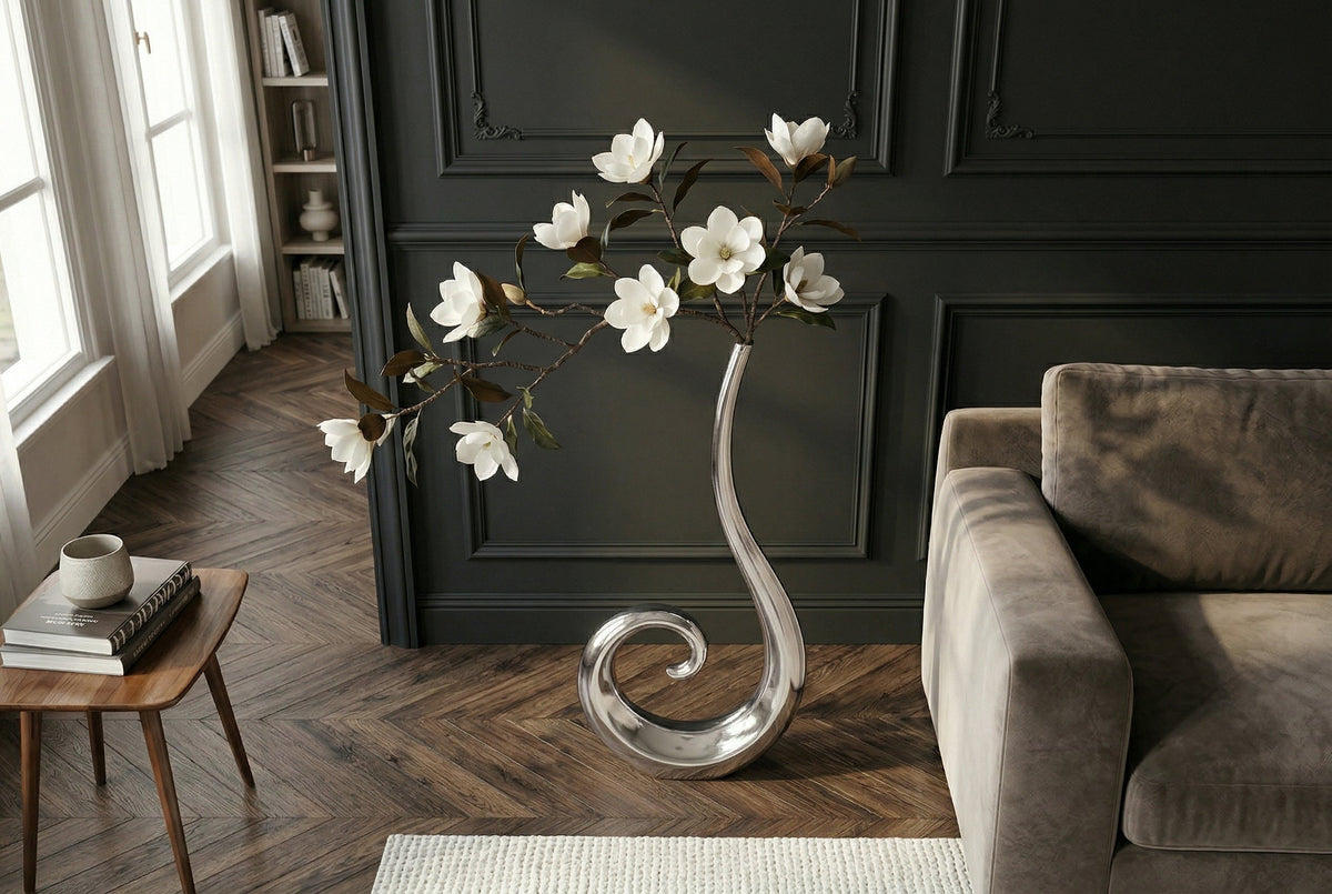 Vase moderne WAVE XL 106cm aluminium argenté décoration polie