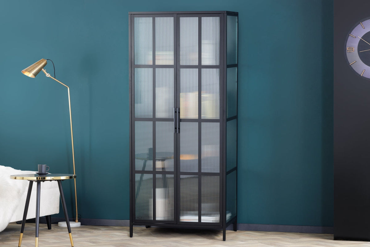 Vitrine industrielle DURA STEEL 180cm buffet en verre nervuré en métal noir