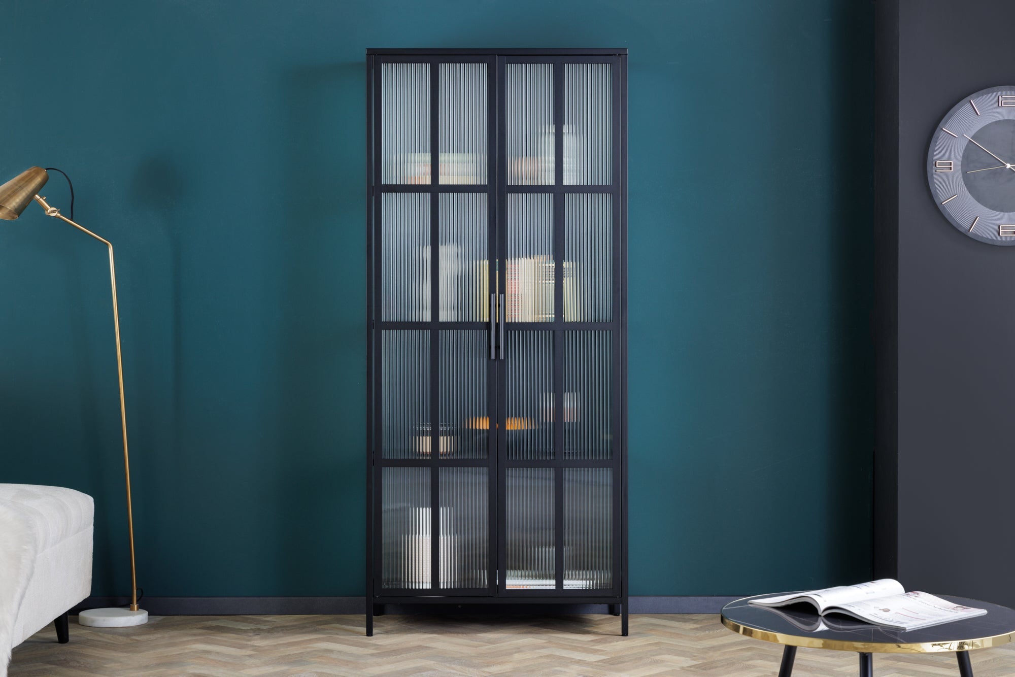 Vitrine industrielle DURA STEEL 180cm buffet en verre nervuré en métal noir