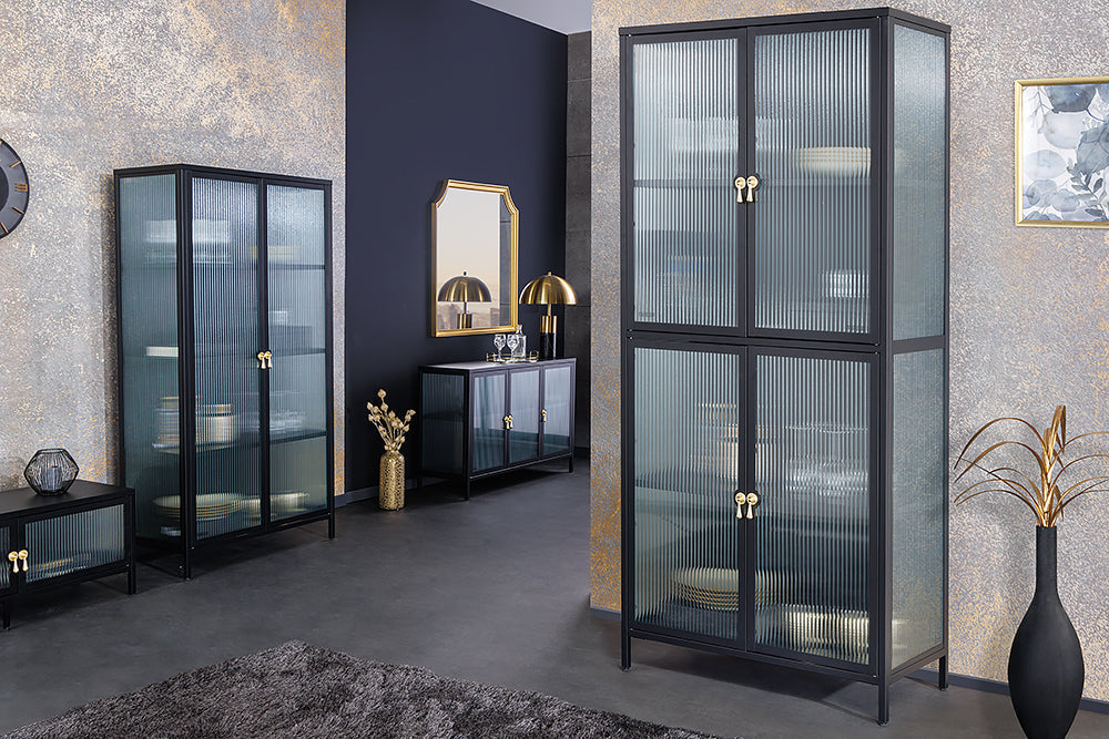 Vitrine moderne AMSTERDAM 180cm meuble haut en verre nervuré noir doré