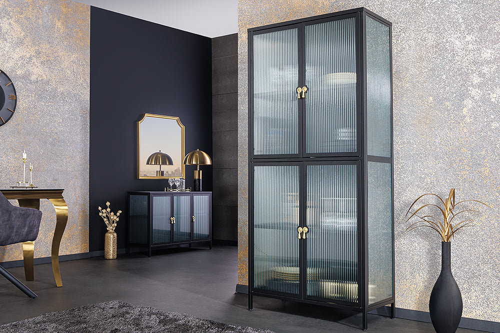 Vitrine moderne AMSTERDAM 180cm meuble haut en verre nervuré noir doré