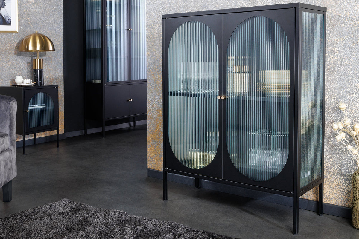 Vitrine moderne PARIS 110cm meuble buffet en verre nervuré noir doré
