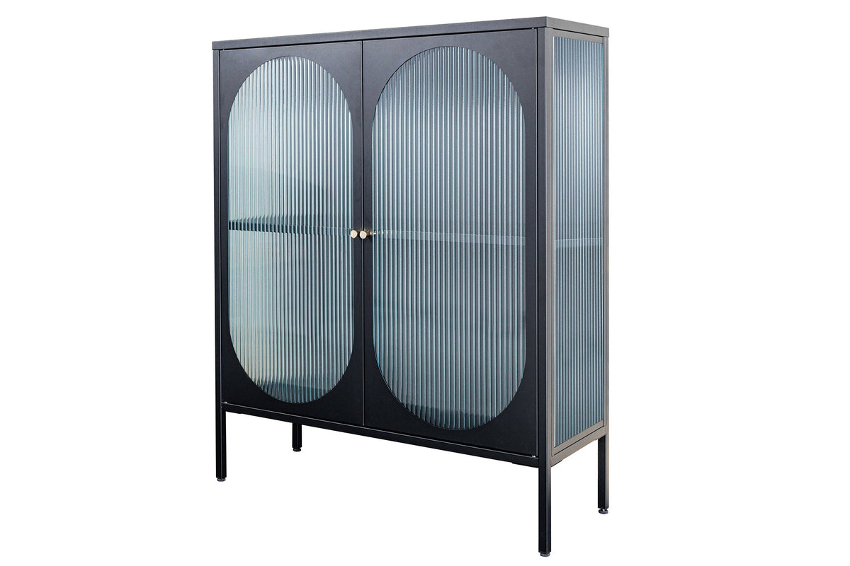 Vitrine moderne PARIS 110cm meuble buffet en verre nervuré noir doré