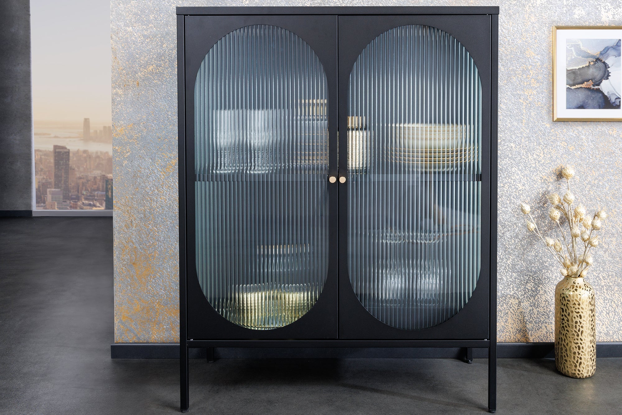Vitrine moderne PARIS 110cm meuble buffet en verre nervuré noir doré