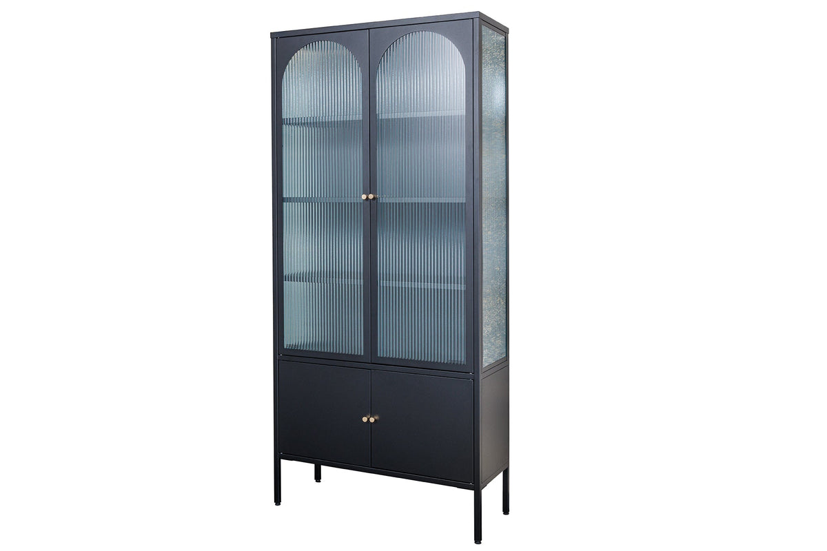 Vitrine moderne PARIS 180cm meuble haut en verre nervuré noir doré