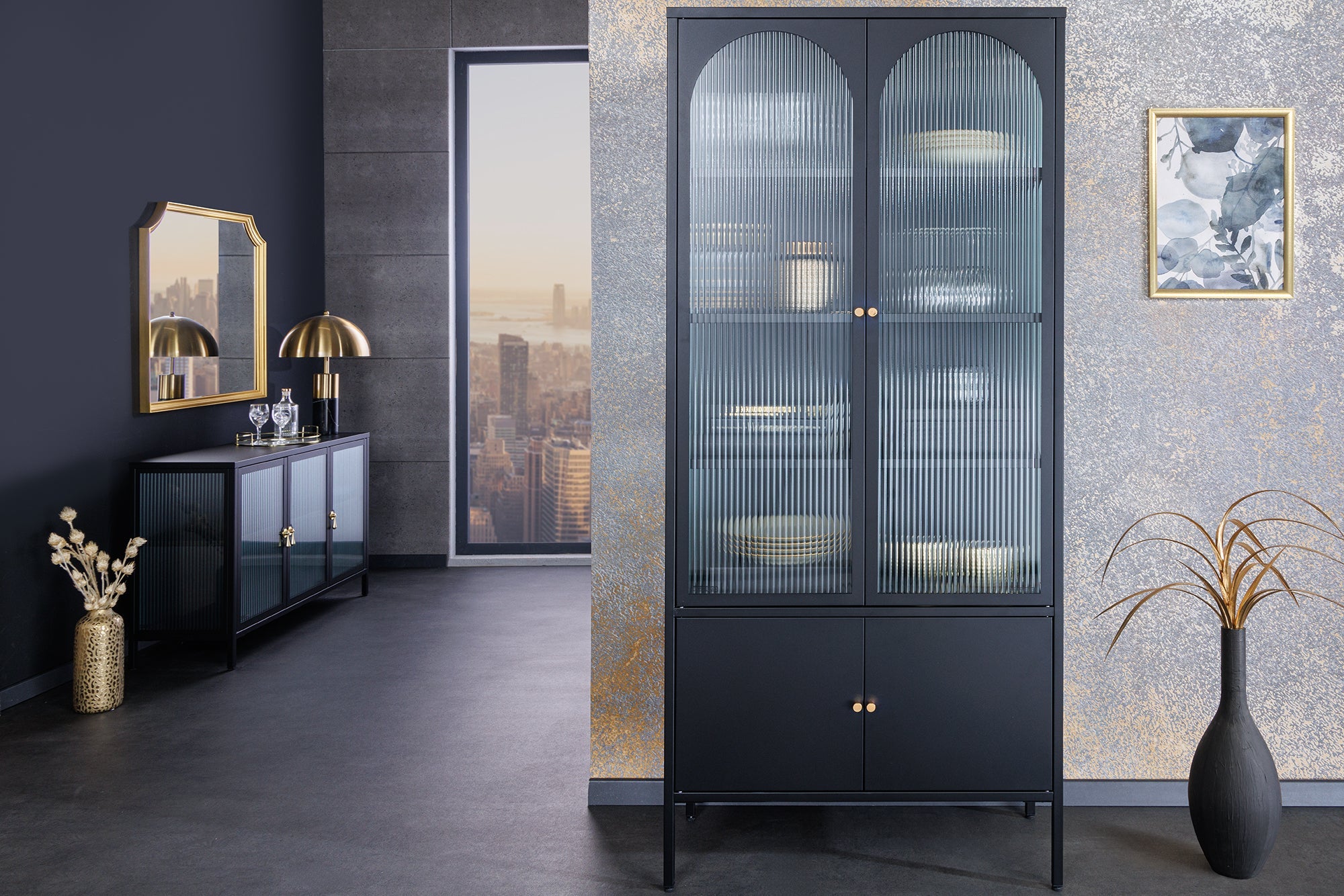 Vitrine moderne PARIS 180cm meuble haut en verre nervuré noir doré