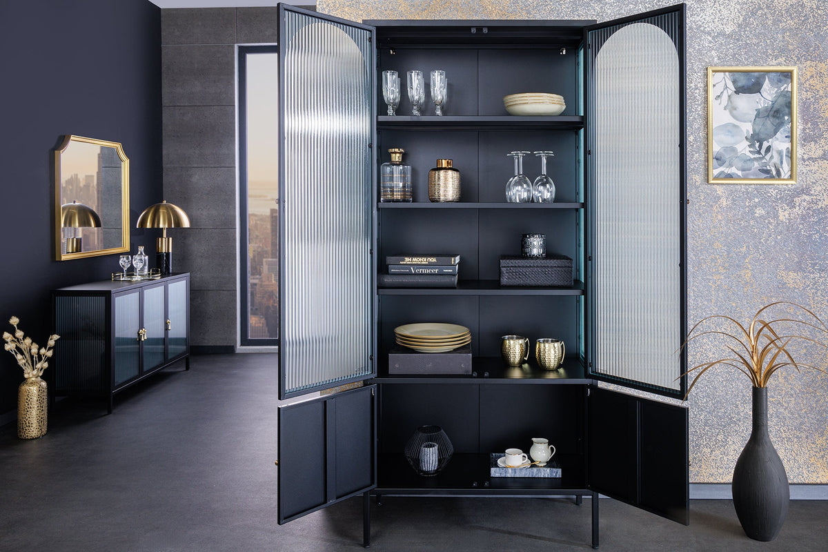 Vitrine moderne PARIS 180cm meuble haut en verre nervuré noir doré