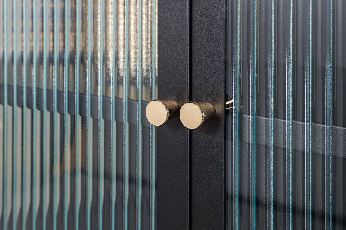 Vitrine moderne PARIS 180cm meuble haut en verre nervuré noir doré