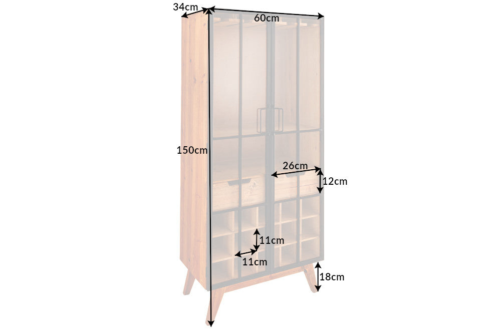 Vitrine solide SEVEN SEAS 150cm pin naturel portes industrielles meuble de bar en métal