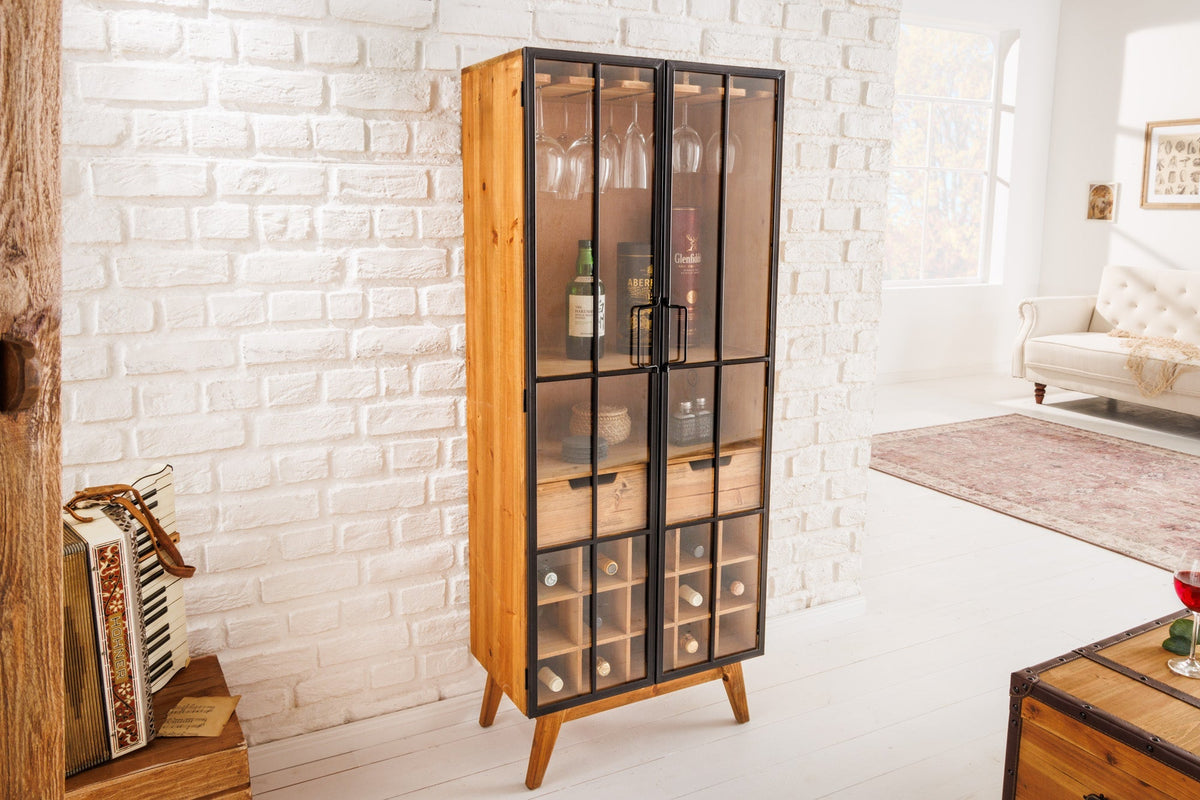 Vitrine solide SEVEN SEAS 150cm pin naturel portes industrielles meuble de bar en métal